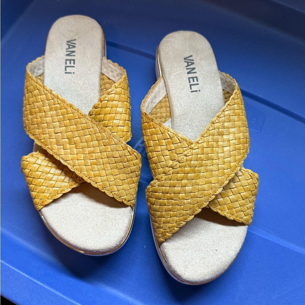Vaneli Mustard Woven Slide Sandals